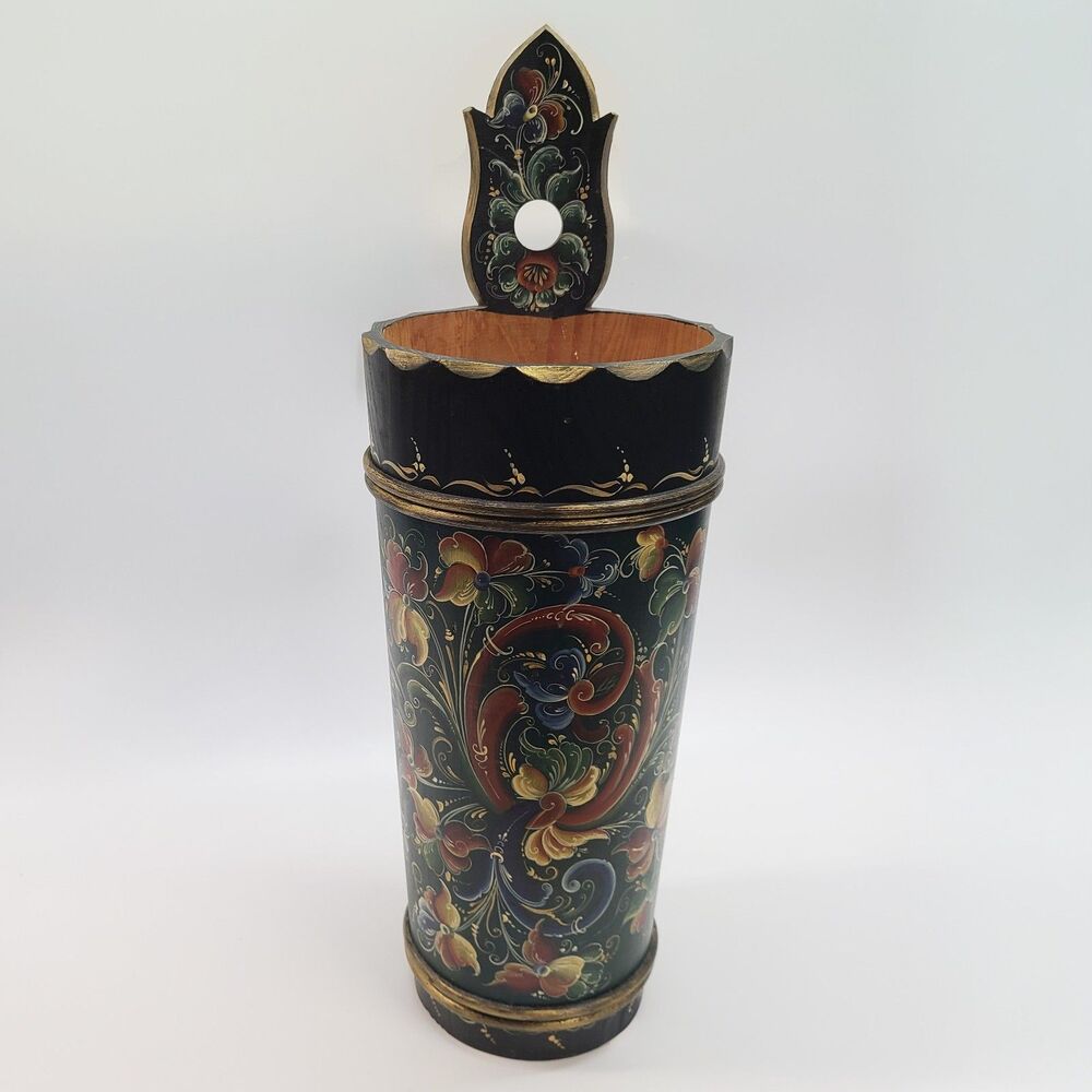 Vintage Hand Painted Solid Wood Umbrella Holder Folk Art Floral Cane Stand